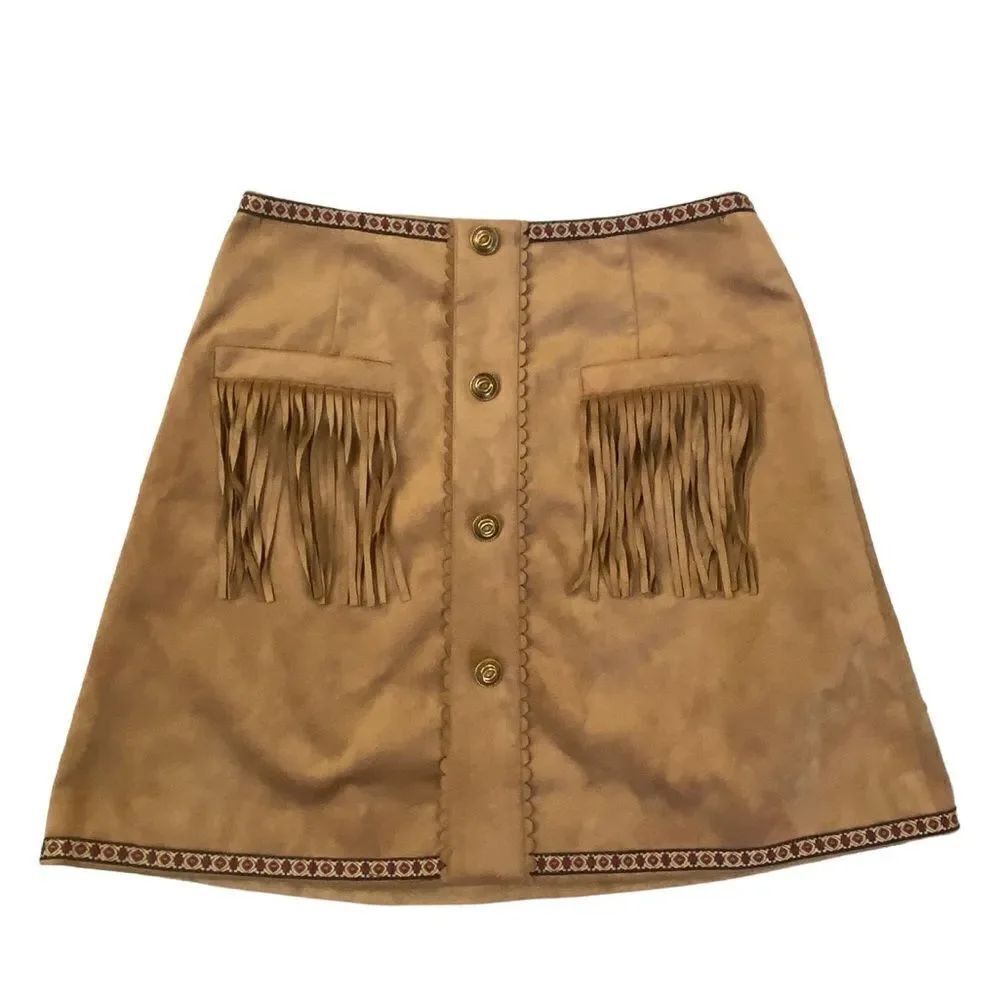 Miuco Faux Suede Fringe Trim A-Line Mini Skirt Runs Small Sz M